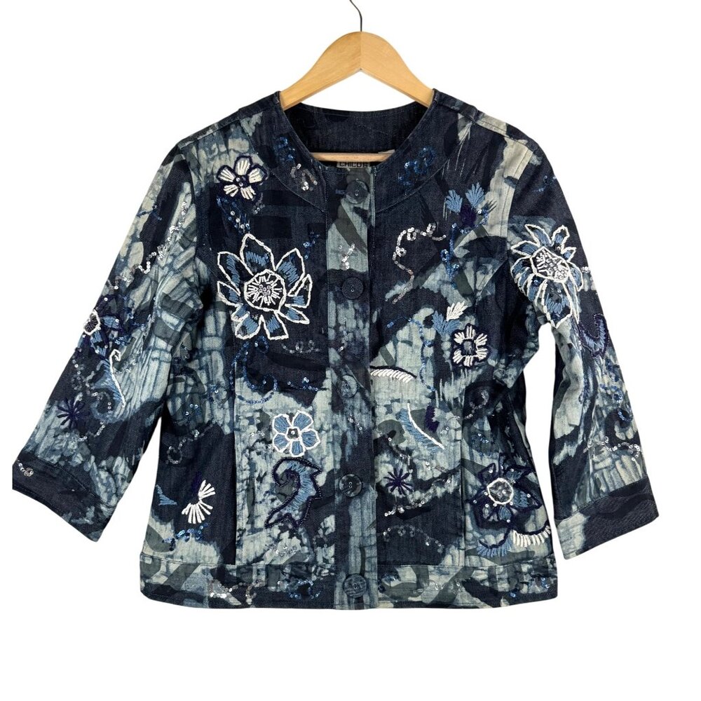 VTG Chico's denim crop jacket beaded sequin tie dye blue 90s retro colorful sz S